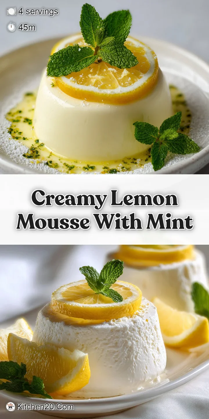 Close-up of lemon mousse showing its fluffy texture and the bright, fresh color of the mint sprig. A delectable spring des...