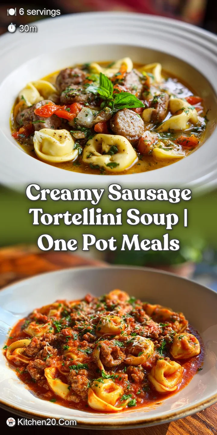 Close-up of tender tortellini and savory sausage pieces swimming in a flavorful, creamy broth with specks of herbs.