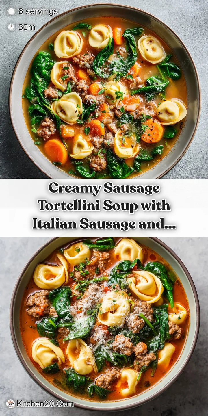 Close-up of plump tortellini and wilted spinach swimming in a rich, steaming broth with visible sausage pieces.