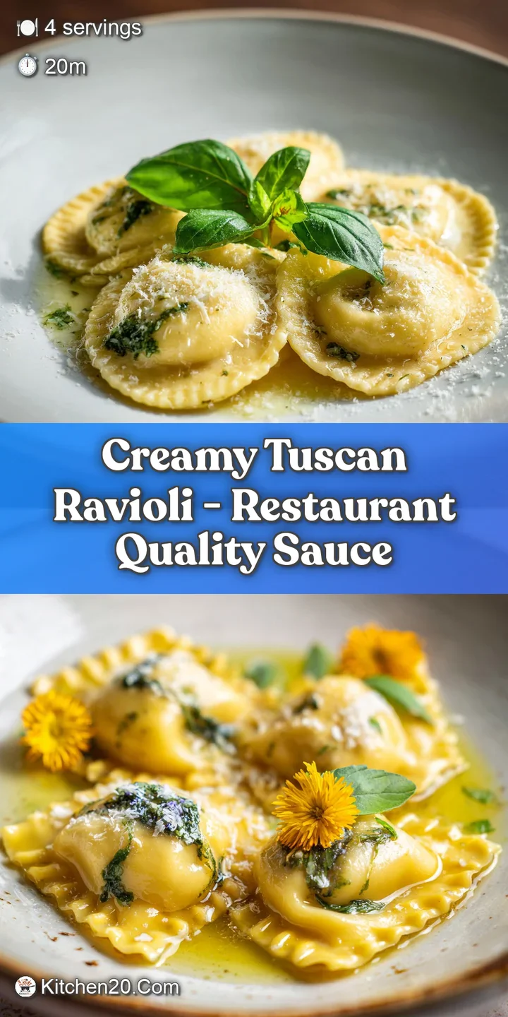 Close-up of plump ravioli glistening in a creamy sauce, accented by vibrant sun-dried tomatoes and fresh, green spinach.