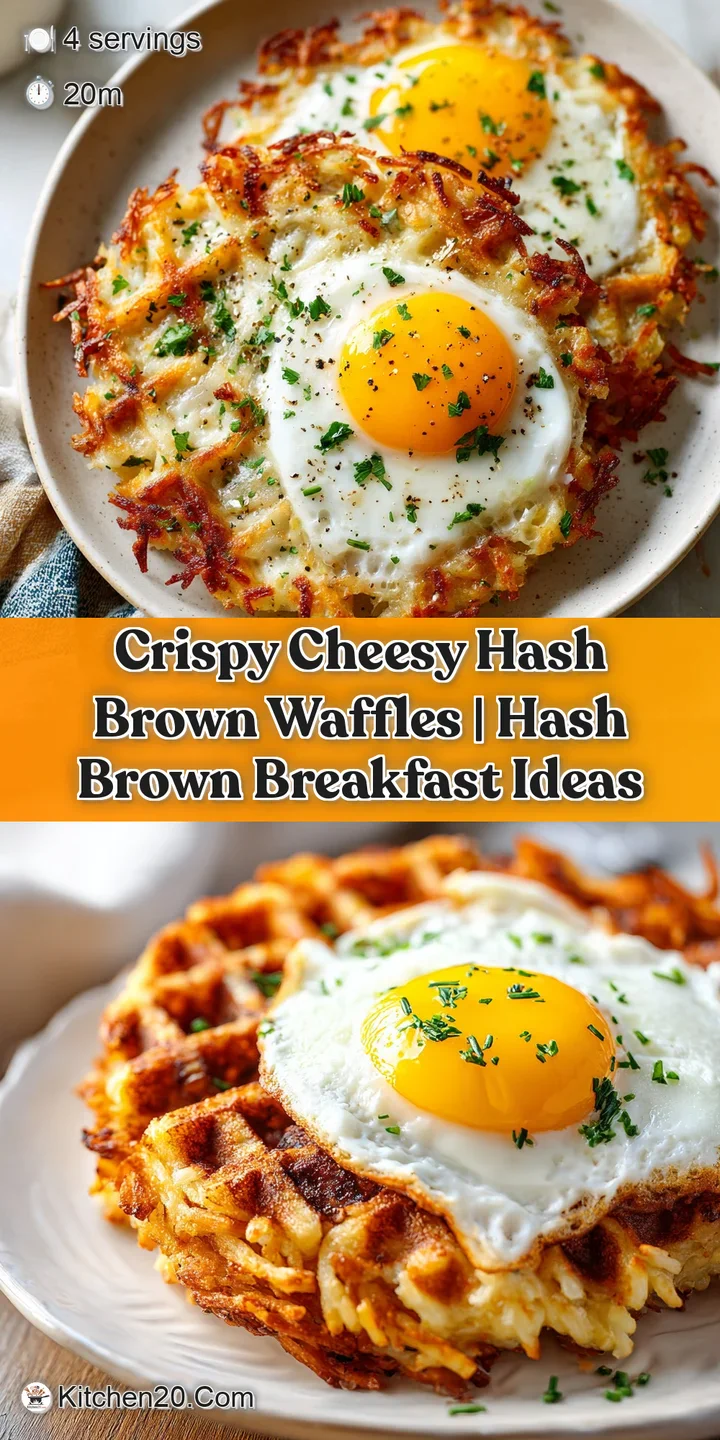 A close-up of a crisp, golden hash brown waffle with melted cheese stretching from fluffy shreds.