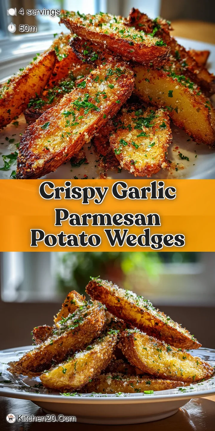 Close-up of crispy potato wedges. Irregular cuts, with visible garlic & parmesan. Texture shows perfectly crisp exterior a...