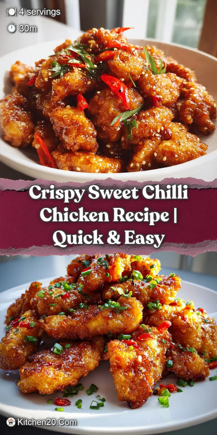 Close-up reveals the glossy, sticky texture of the sweet chili sauce coating the crispy, golden-brown chicken pieces.
