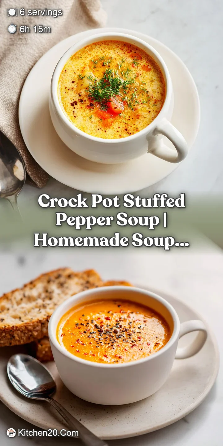 Close-up of bubbling, cheesy stuffed pepper soup, highlighting the thick tomato base, tender vegetables, and savory beef m...