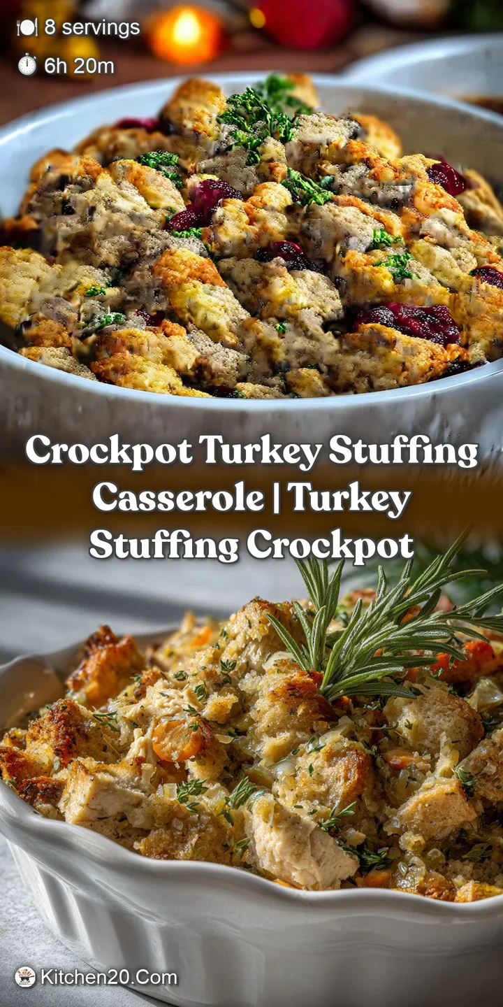 Close-up of a steaming, savory casserole, showing the juicy turkey and soft, flavorful stuffing, with flecks of herbs and ...