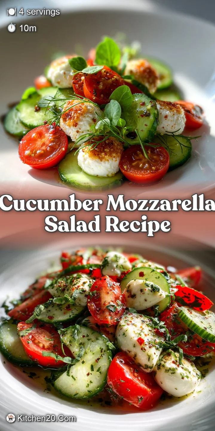 Close-up of a refreshing cucumber and mozzarella salad, highlighting the juicy cucumbers and soft, pillowy mozzarella balls.