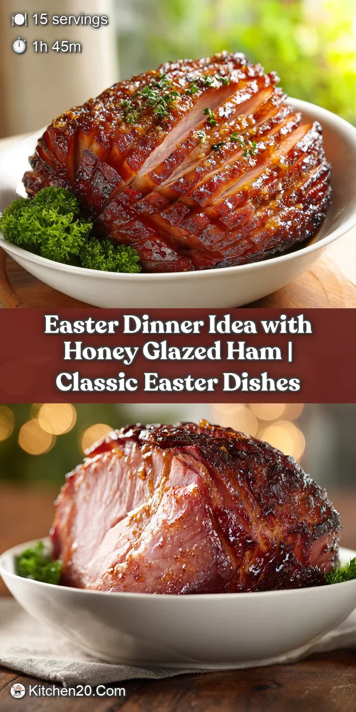 Close-up of a thick slice of juicy, honey-glazed ham with a caramelized crust, showing rich, tender meat.