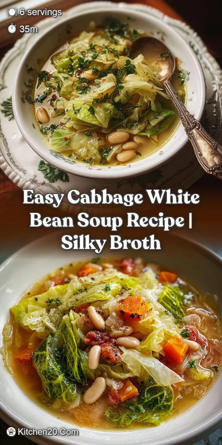 Close-up of steaming cabbage and white bean soup, showing creamy broth, soft cabbage, and fragrant herbs. Visually heartwa...
