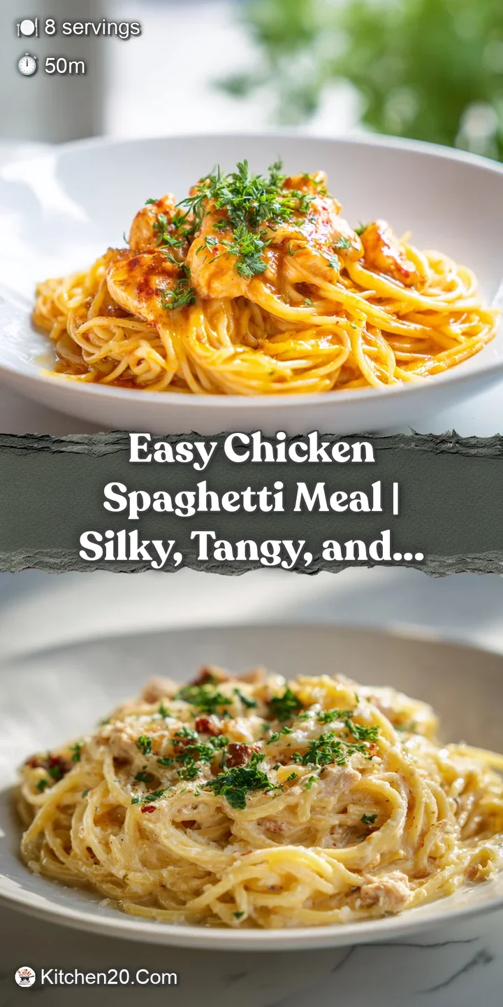Close-up reveals tender chicken, strands of spaghetti coated in creamy, tangy sauce, melted cheese, a burst of savory deli...