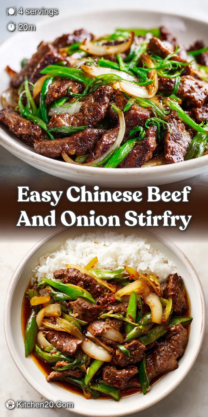 Close-up: tender strips of beef glistening in dark sauce, intermingled with soft onions and bright green scallions; ginger...