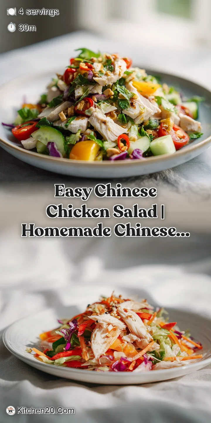 Close-up of Chinese chicken salad: Juicy chicken, crunchy noodles, and vibrant mandarin oranges drizzled with a light, fla...