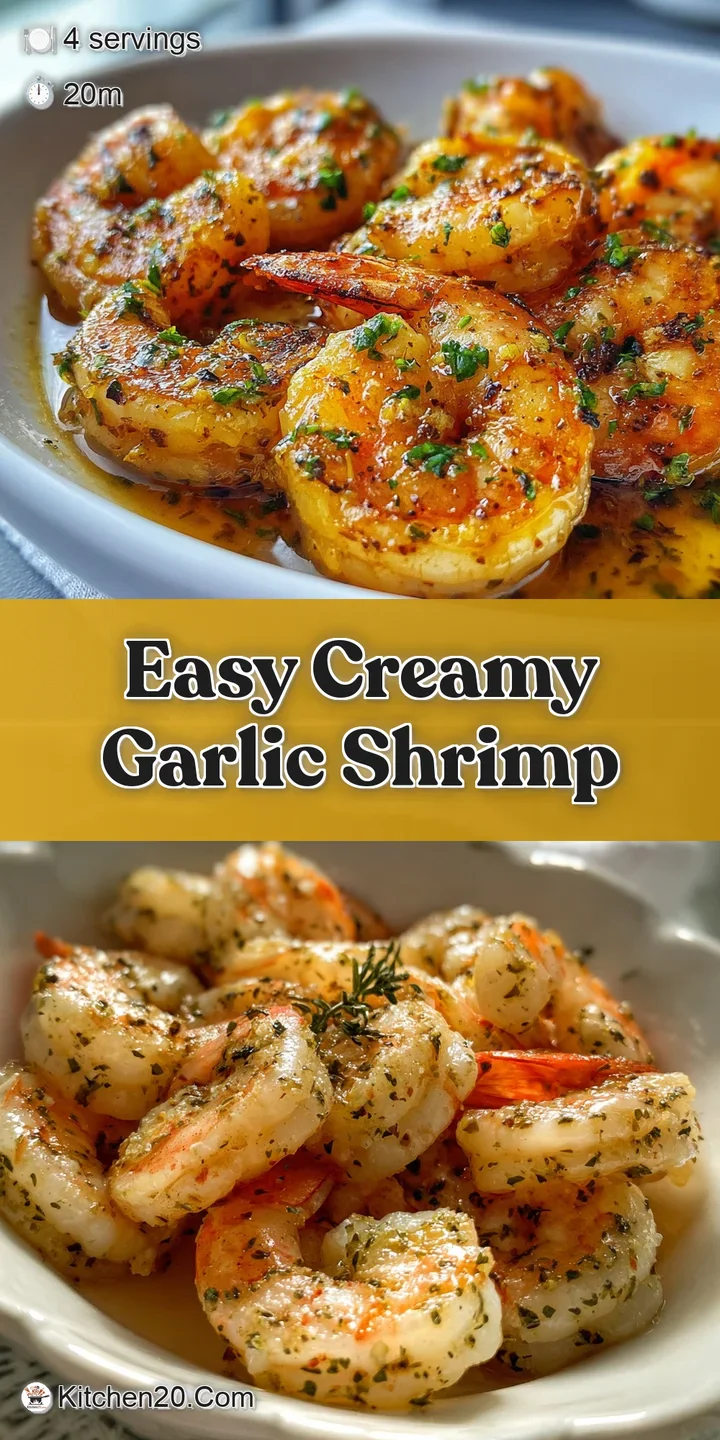 Close-up: Plump, tender shrimp swimming in a luscious cream sauce. Garlic bits and herbs peek through. Irresistibly appeti...