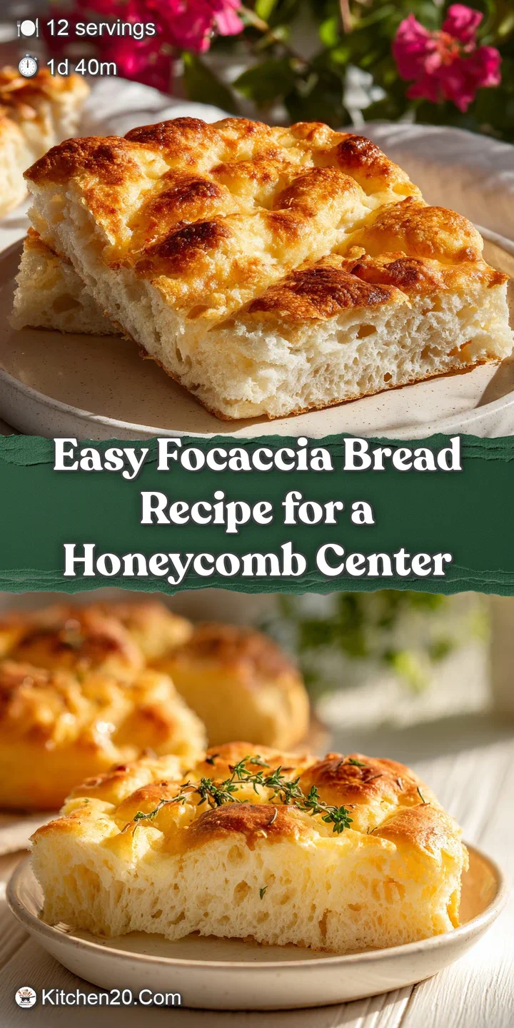 Close-up of focaccia showing golden crust & glistening olive oil pools. Herbs create visual texture and suggest savory fla...