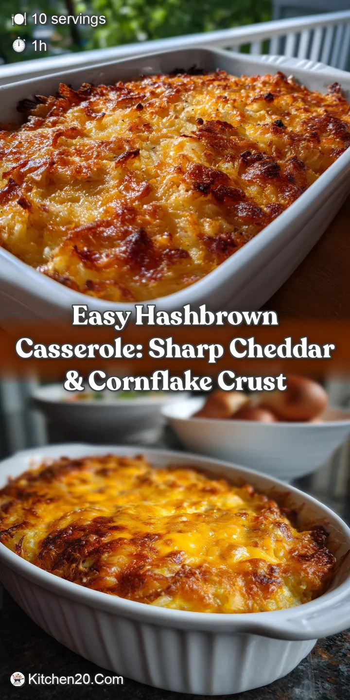 Close-up of a bubbling, cheesy hashbrown casserole with golden-brown, crispy edges. Visible melted cheddar and tender pota...