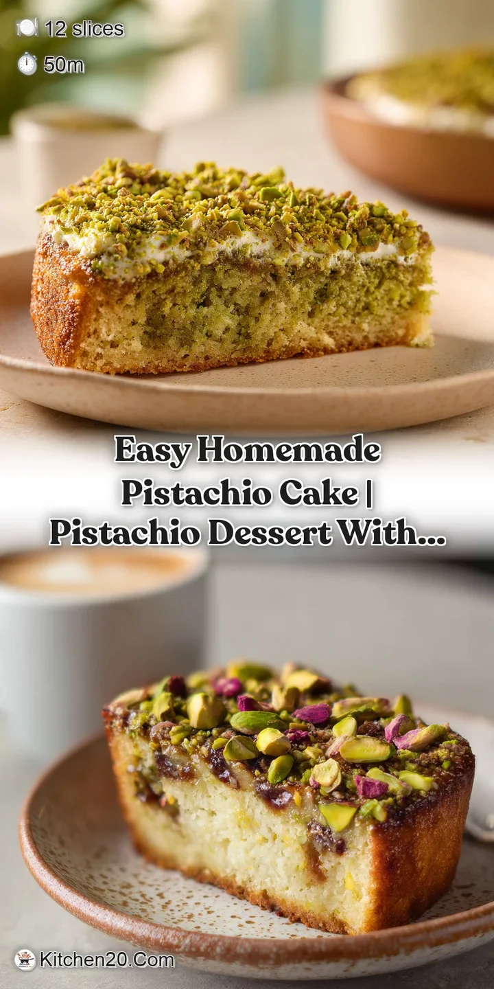Close-up view of a glistening slice of pistachio cake, revealing its tender, moist crumb and subtle green color.