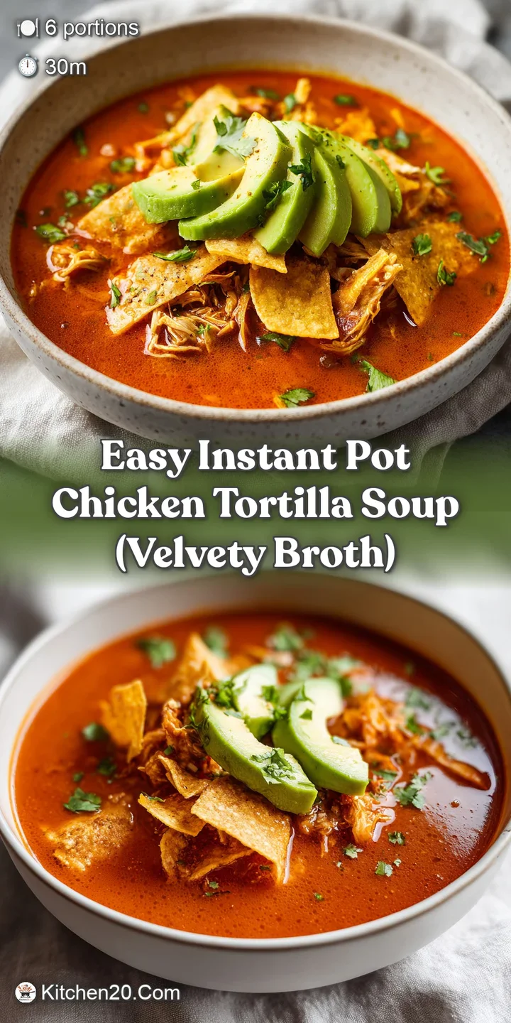Close-up of tender shredded chicken and black beans in a rich tomato broth, topped with crunchy golden tortilla strips.