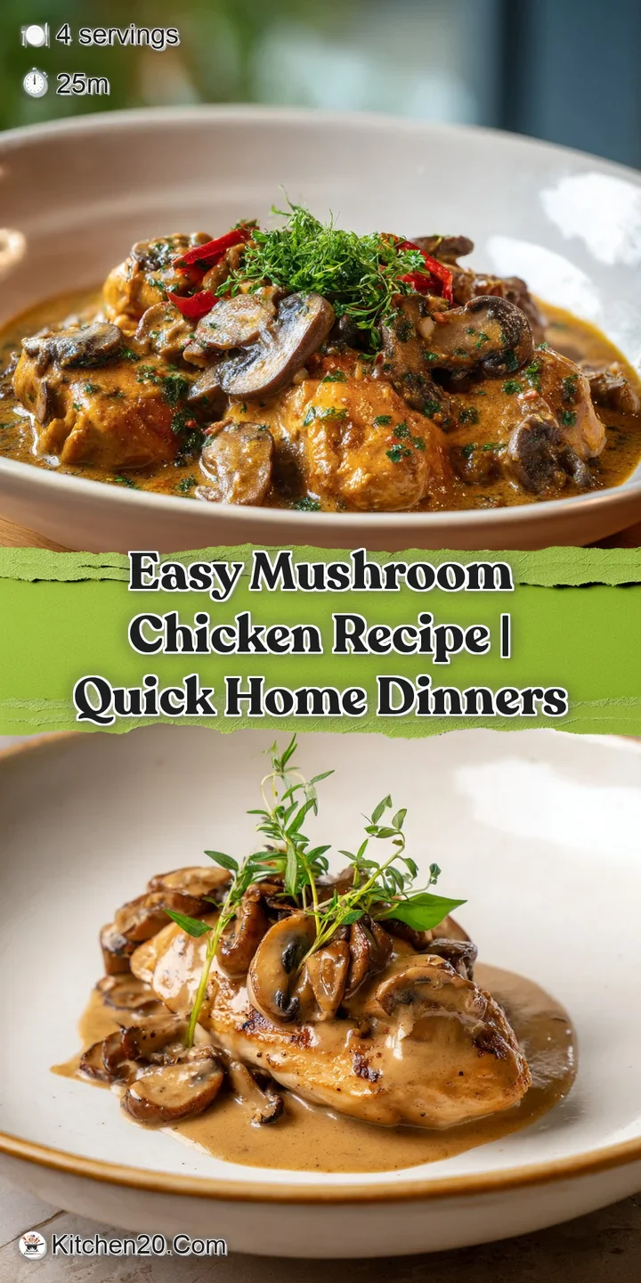 Close-up of tender chicken pieces and savory mushrooms coated in a rich, velvety sauce. Glimmering herbs add freshness.