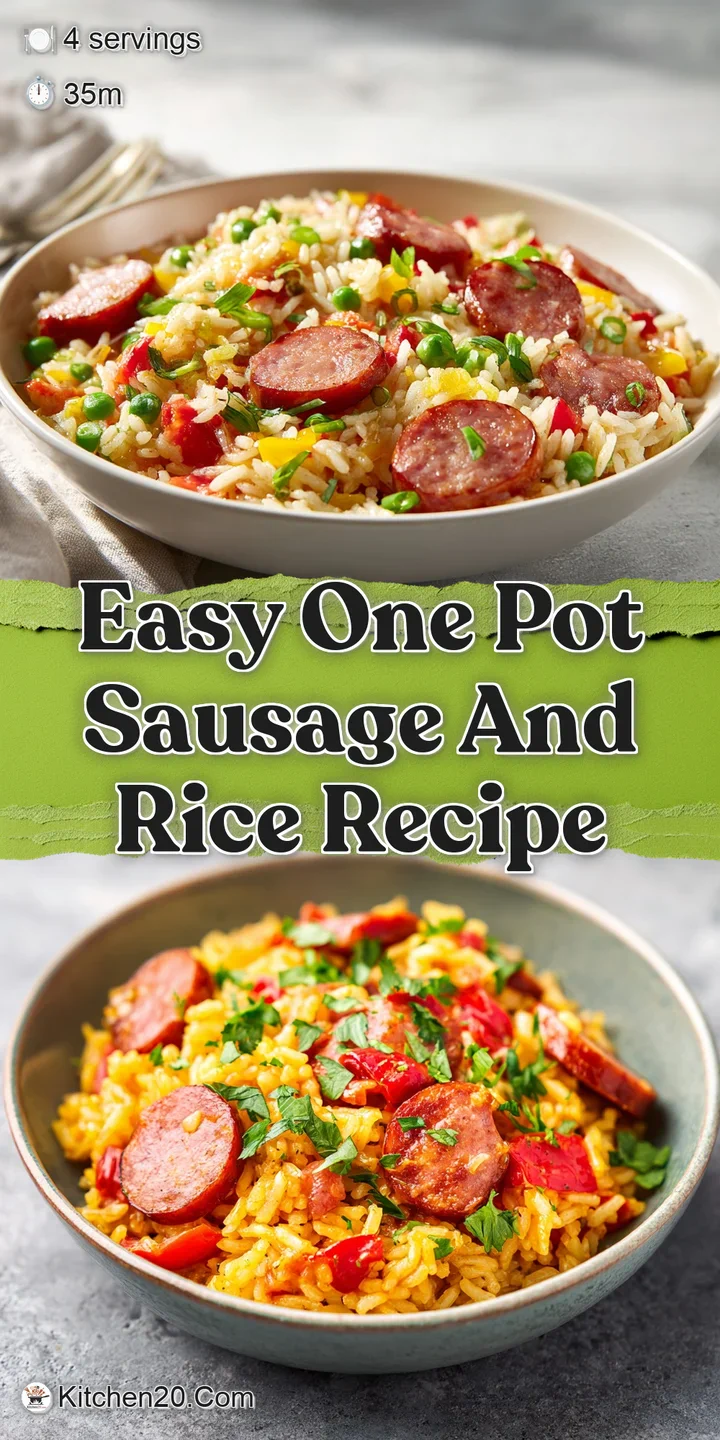 Close-up shows plump sausage slices nestled in fluffy rice, bright bell peppers, and herbs. Glistening with rich, savory b...