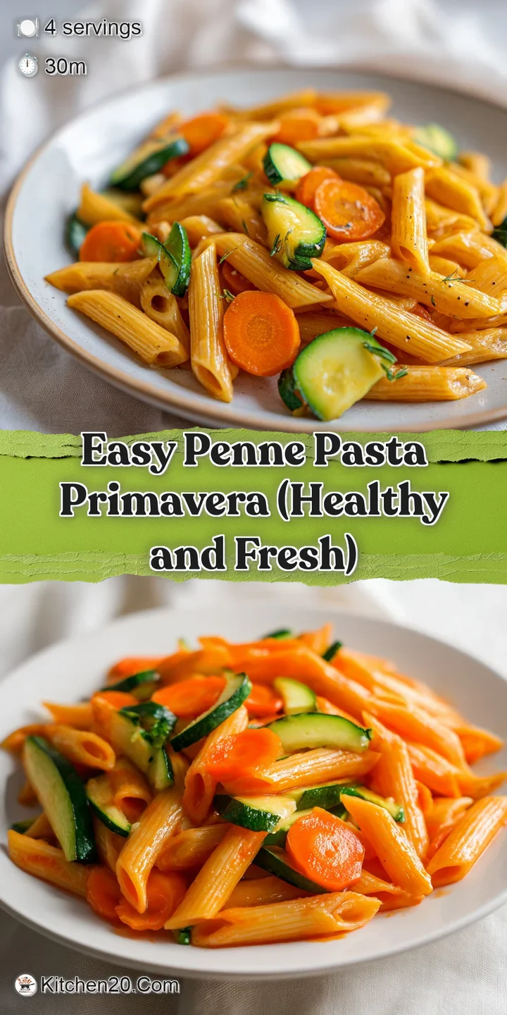 Close-up of al dente penne coated in a creamy sauce with bright orange carrots and vivid green peas and broccoli.