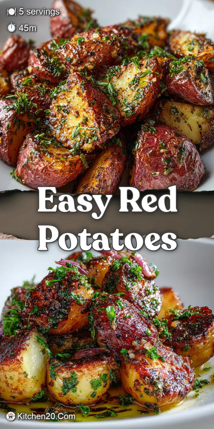 Close-up on roasted red potatoes, their crispy skins glistening with oil and dotted with fragrant garlic and herbs, steami...