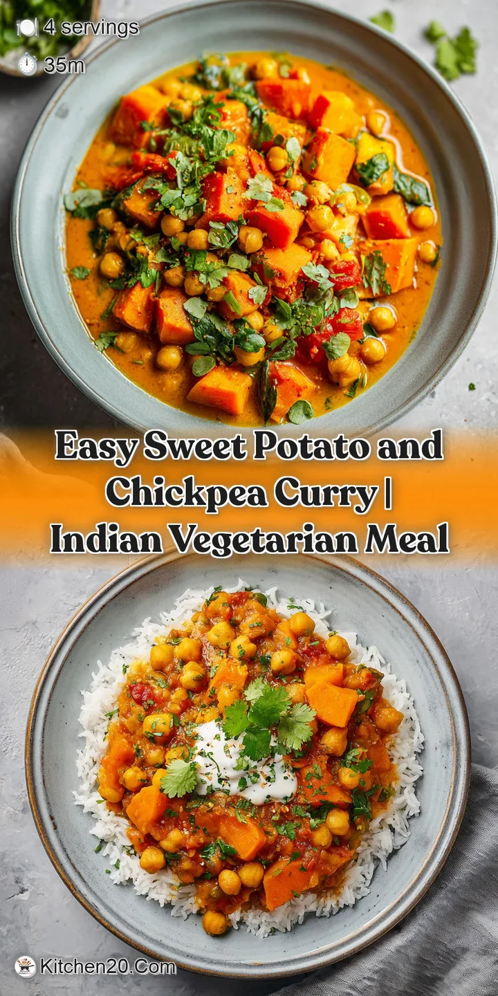 Close-up of a rich, simmering curry with visible chickpeas and sweet potatoes. Coconut milk creates an inviting creamy tex...