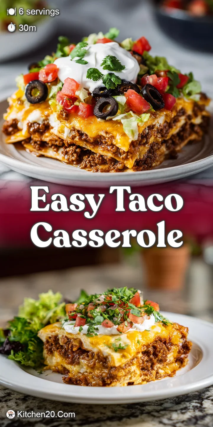 Close-up of a cheesy taco casserole: layers of warm ground beef, vibrant salsa, and melted cheddar create a comforting, in...