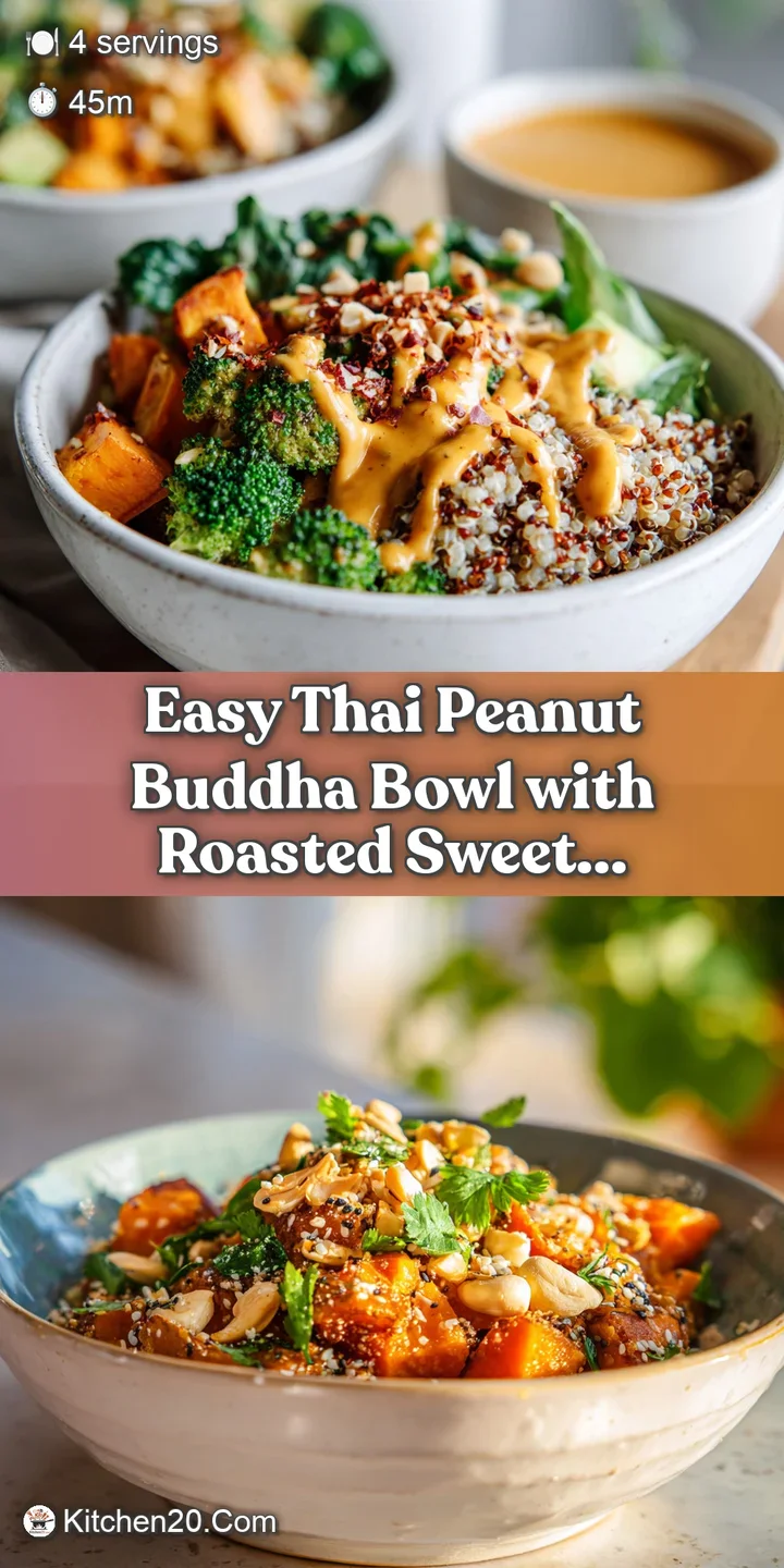 Close-up of a colorful Thai peanut bowl. Notice the creamy texture of the sauce, the soft sweet potato, and the fresh greens.