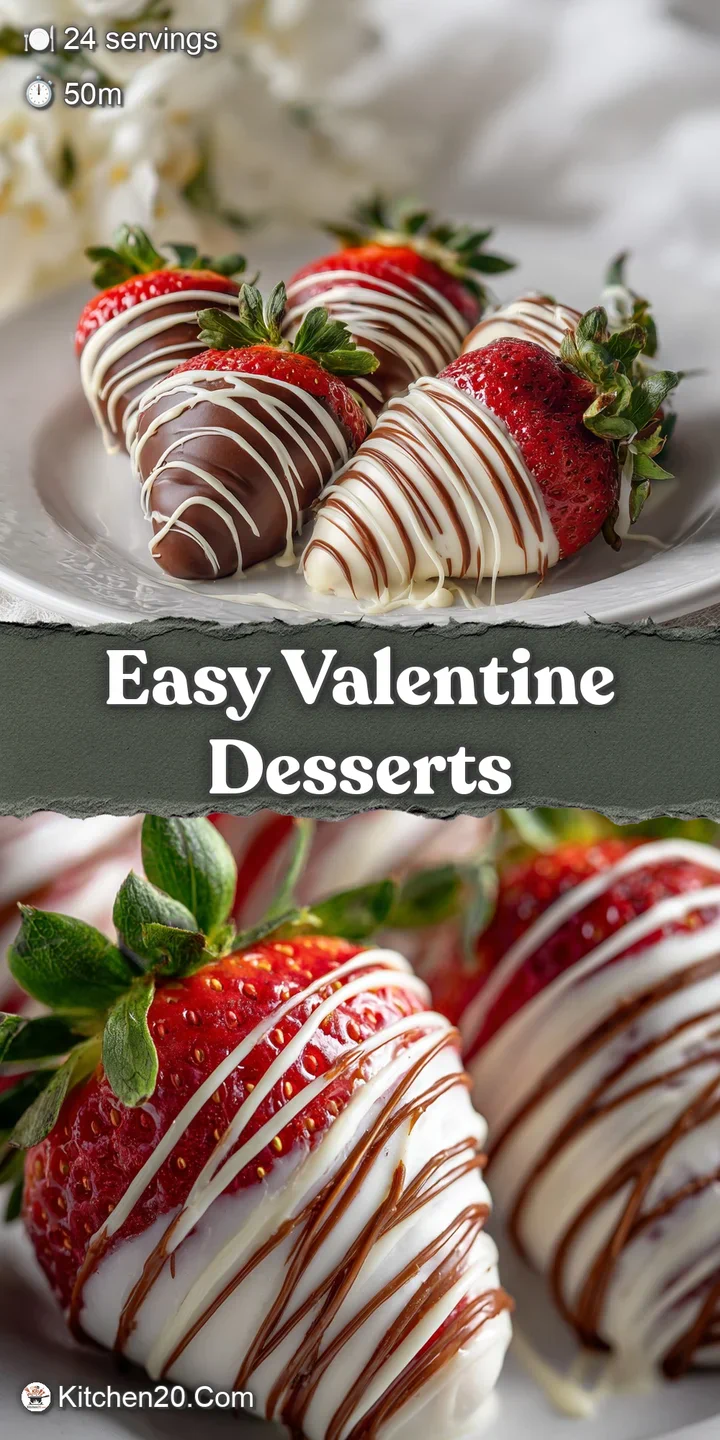 Close-up of a plump strawberry glistening with rich dark chocolate and delicate white swirls; irresistibly decadent and fr...