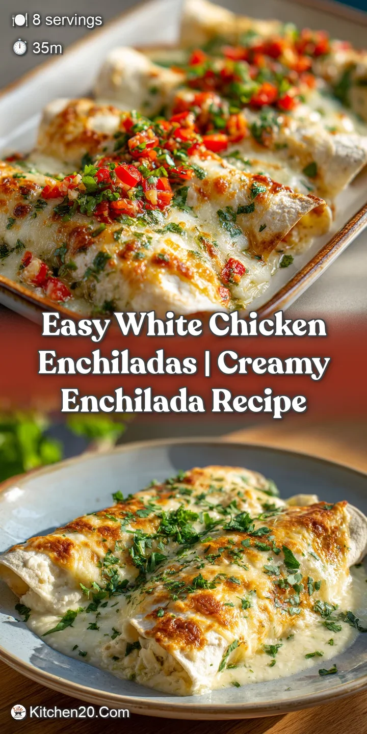 Close-up of a cheesy, creamy white chicken enchilada; hot and bubbly with hints of green cilantro peeking out.