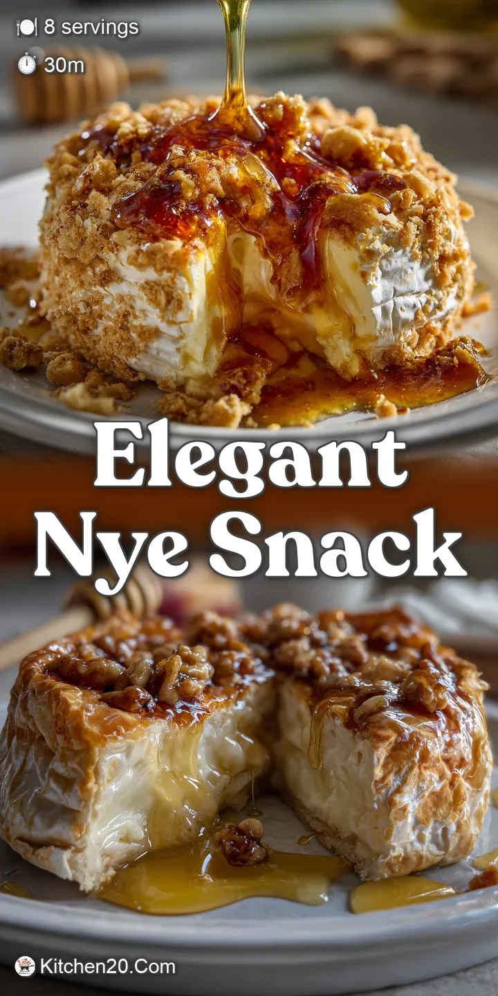 Close-up of bubbling, baked brie with a drizzle of amber honey, showcasing its creamy texture and inviting aroma. A perfec...