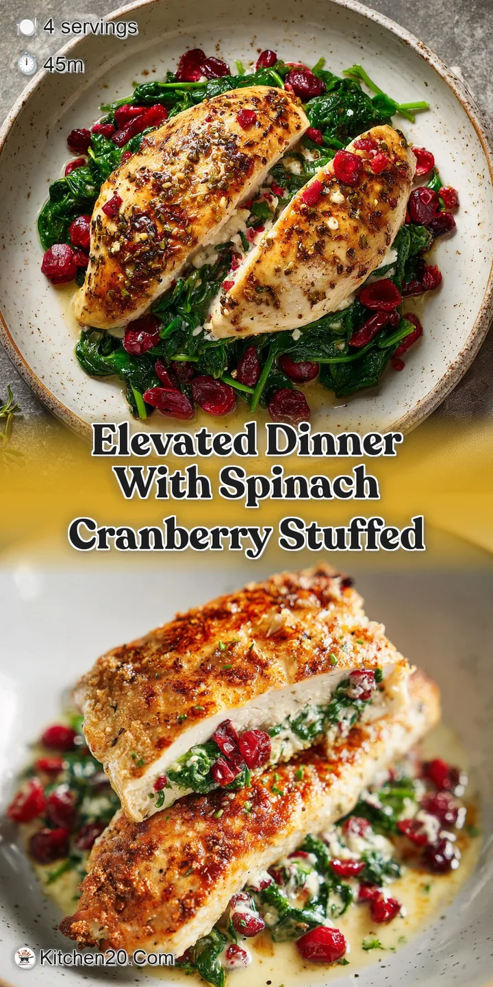 Close-up of juicy, browned chicken bursting with a colorful spinach and cranberry filling. A tempting, savory delight!