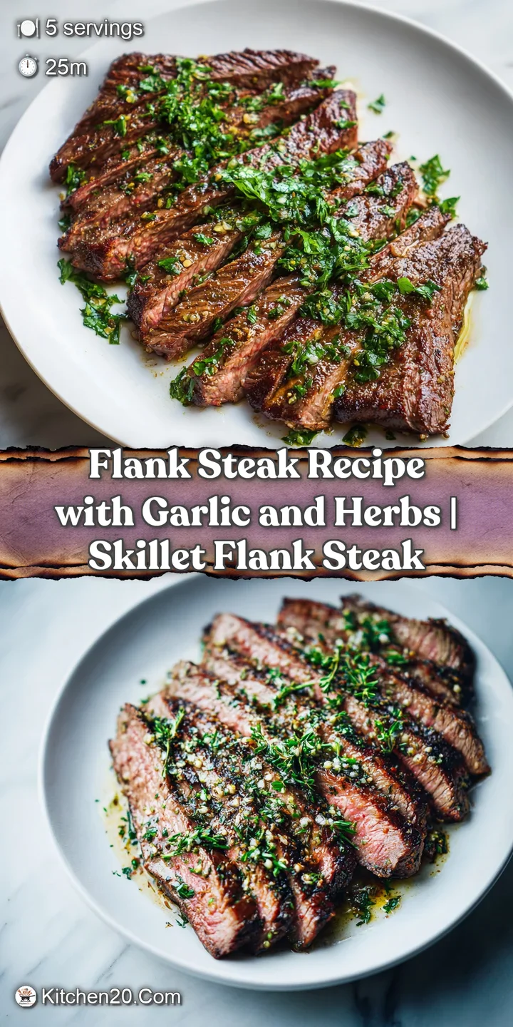 Close-up of a beautifully seared flank steak, showcasing its rich brown crust and moist, pink center, with flecks of herbs.