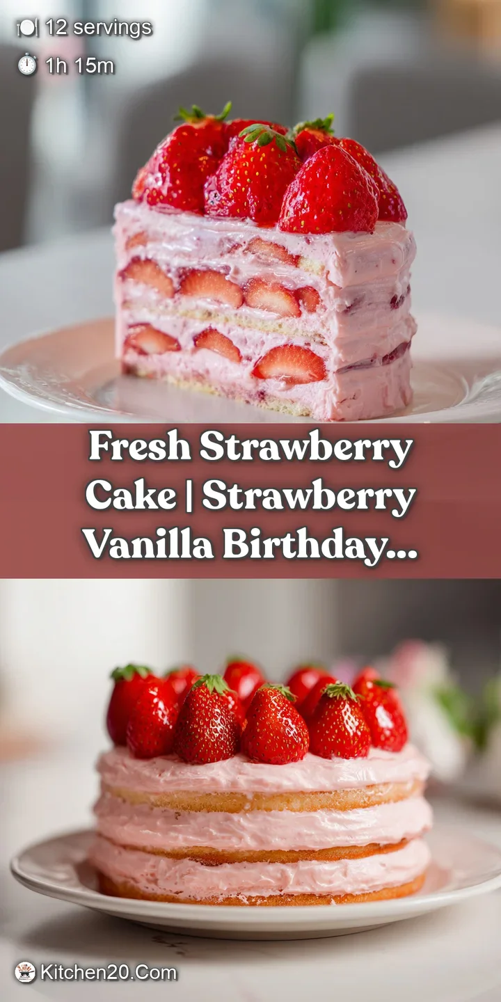 Close-up of fluffy pink sponge cake and velvety white icing topped with a glistening, vibrant red strawberry slice.