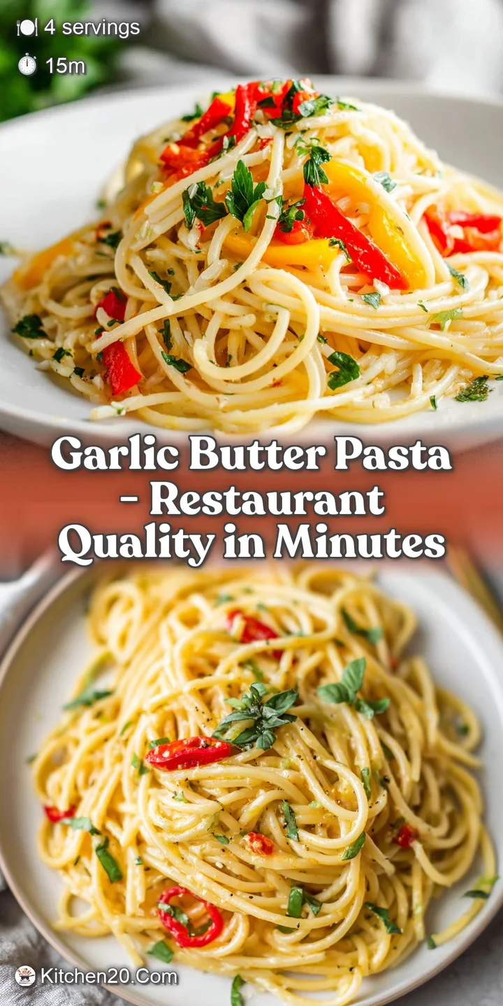 Close-up of buttery, golden pasta strands coated in garlic and herbs, glistening under bright light. Visually appealing te...