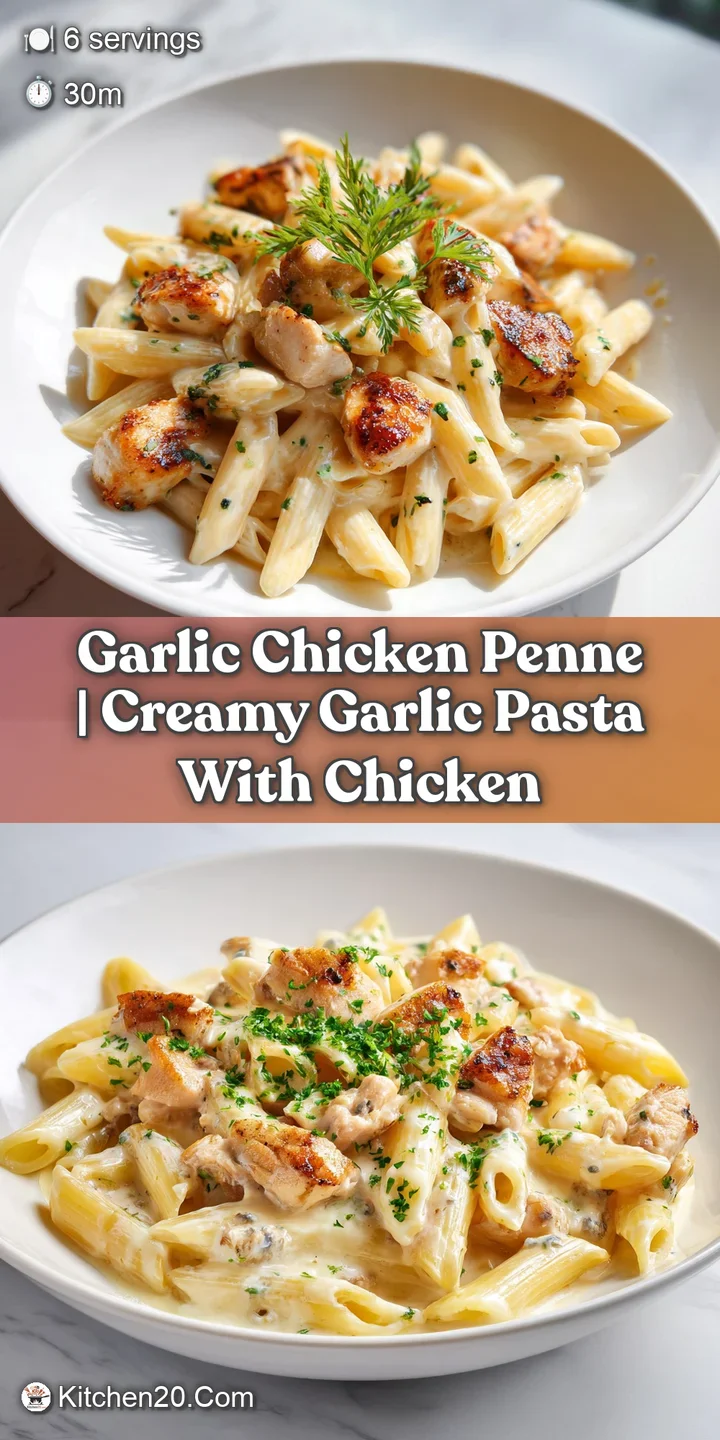 Close-up of creamy pasta sauce clinging to penne and seared chicken with flecks of toasted garlic and black pepper.