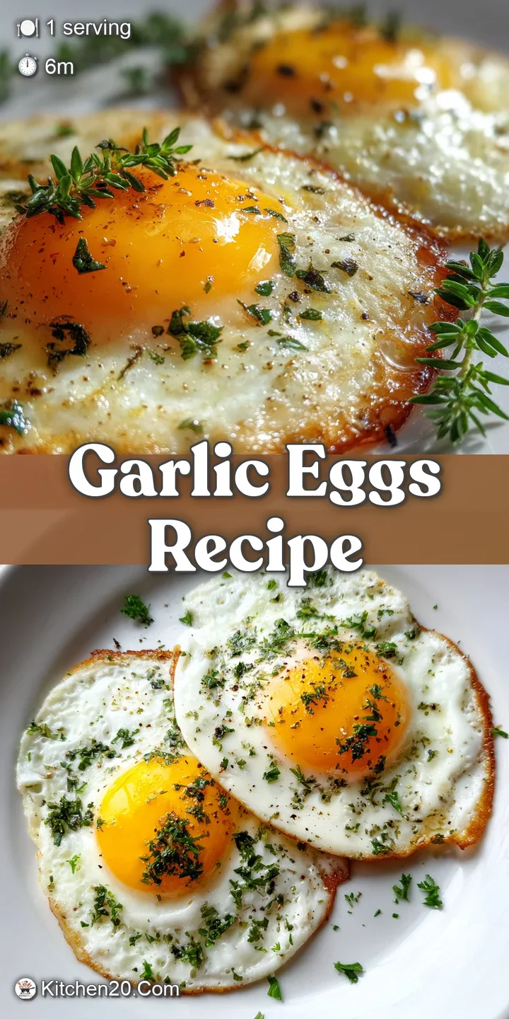 Close-up of pan-seared eggs: glistening yolks contrast with the crispy edges of the whites, flecked with savory garlic and...