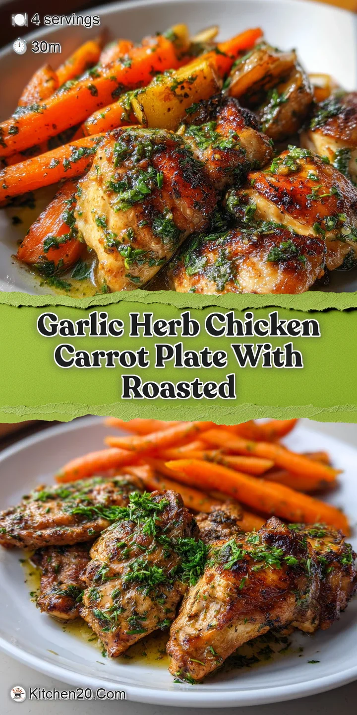 Juicy chicken thigh close-up, glistening with garlic herb oil. Roasted carrots with caramelized edges are just visible.