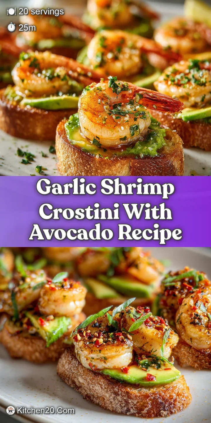 Close-up of juicy shrimp glistening with garlic butter atop creamy green avocado, bursting with fresh flavors on crusty br...