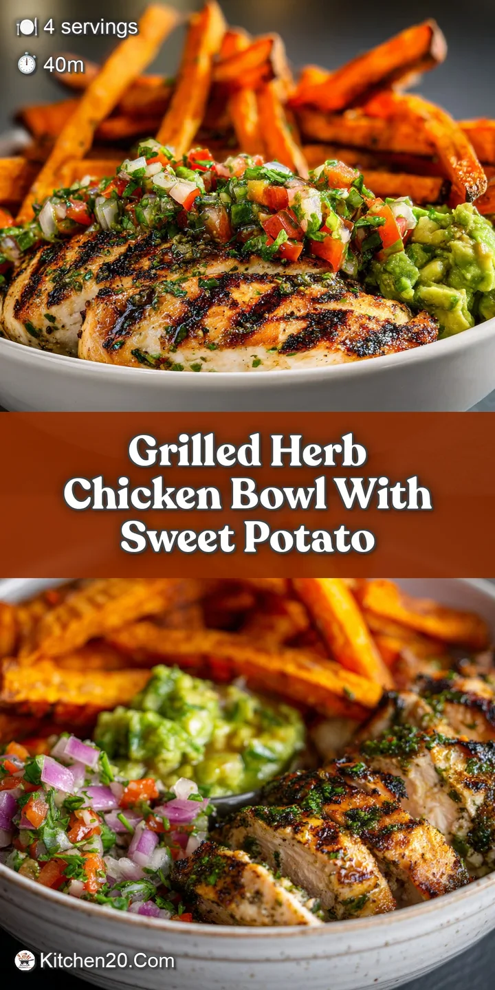 Close-up reveals perfectly grilled chicken, crisp sweet potato fries, and creamy avocado salsa, a textural and colorful de...