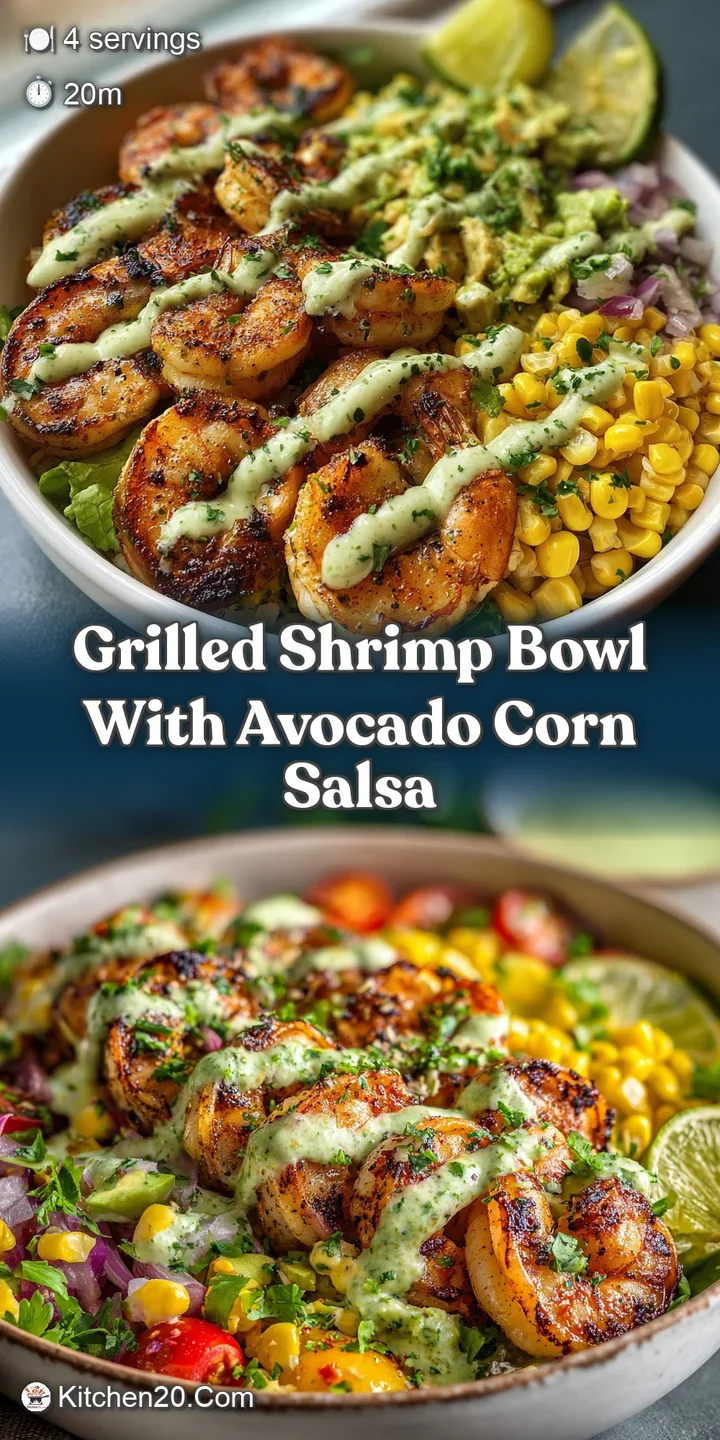 Close-up on grilled shrimp with char marks, glistening corn salsa, and creamy green avocado. A flavorful, fresh and vibran...