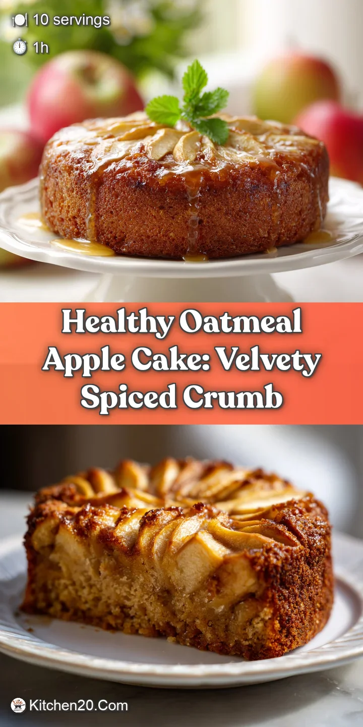 Close-up of moist apple cake, showing the soft, textured interior with tender pieces of baked apple and hearty oats.