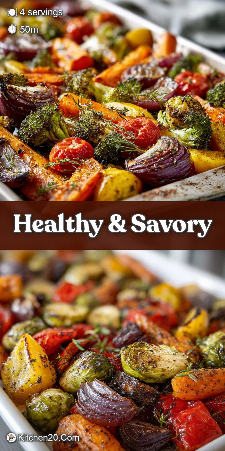 A close-up showcases the caramelized edges and soft textures of mixed roasted vegetables, steam rising.