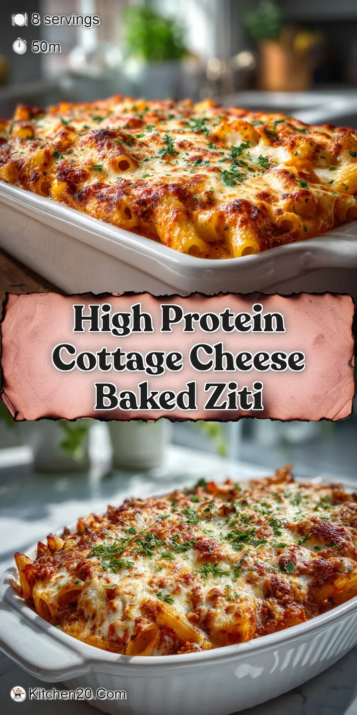 Close-up of cheesy baked ziti. Creamy sauce coats pasta tubes; the crispy, browned cheese layer is dappled with fresh herbs.