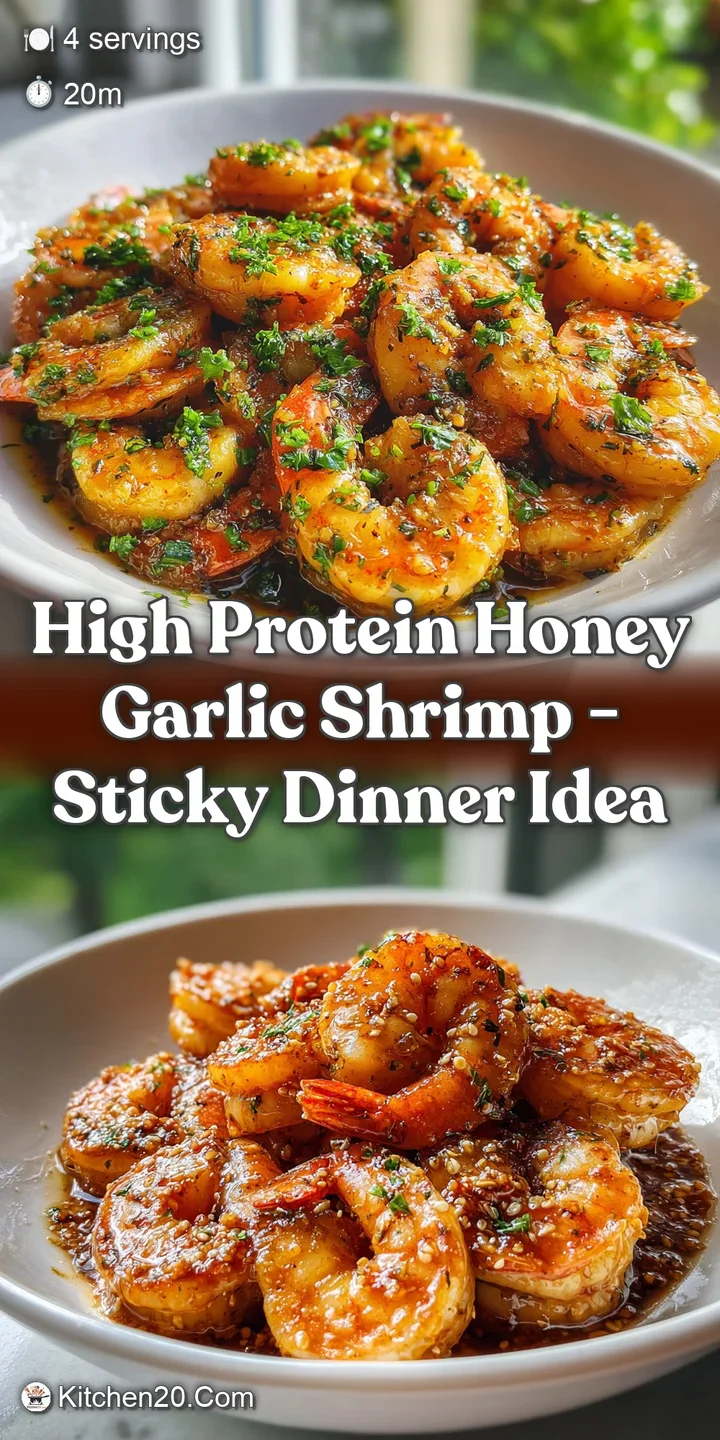 Close-up of succulent shrimp coated in a vibrant honey garlic glaze. The shrimp's texture is tempting, glistening with app...