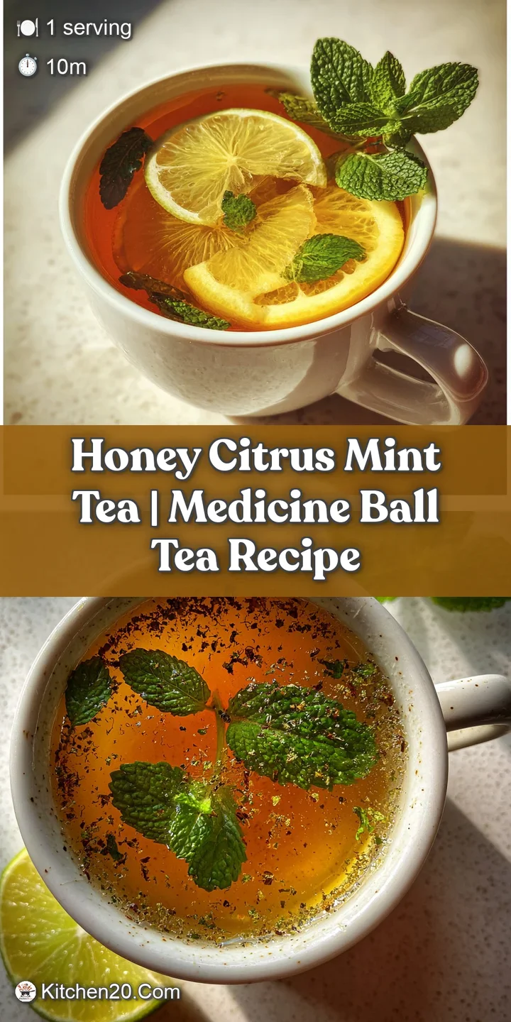Close-up of steaming, golden tea with fresh mint leaves, citrus slices, and glistening honey swirling within a clear glass.