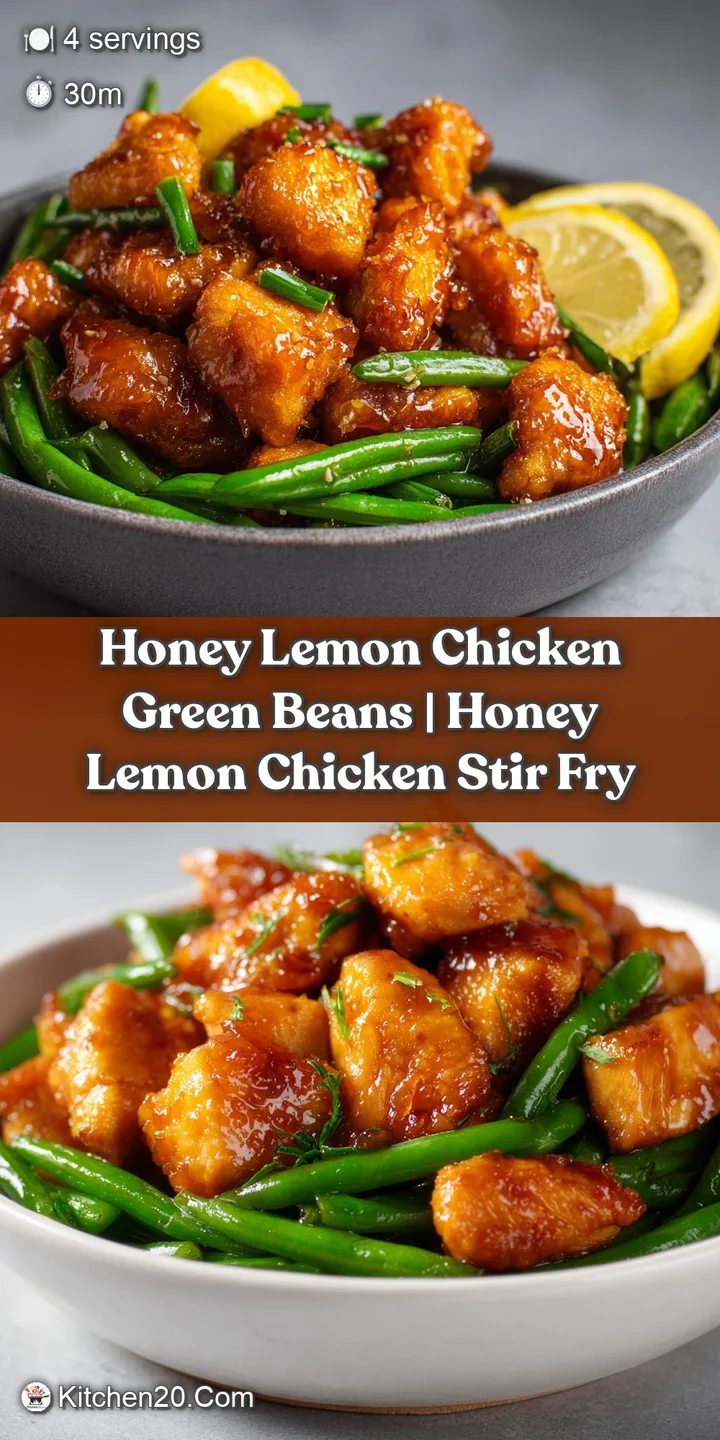 Close-up of juicy, glistening chicken chunks and tender green beans drenched in a shimmering golden lemon glaze.