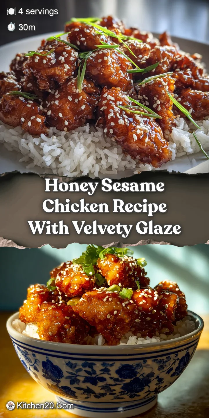 Up-close view of tender honey sesame chicken; sticky-sweet glaze glistens invitingly. Sesame seeds provide lovely textural...