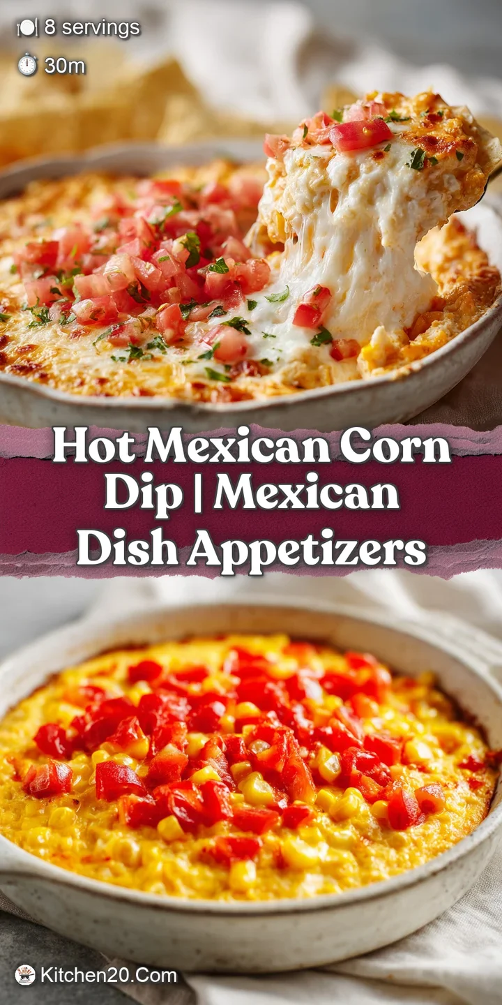 Close-up of a golden tortilla chip scooping into creamy melted cheese and sweet corn with red tomato bits.