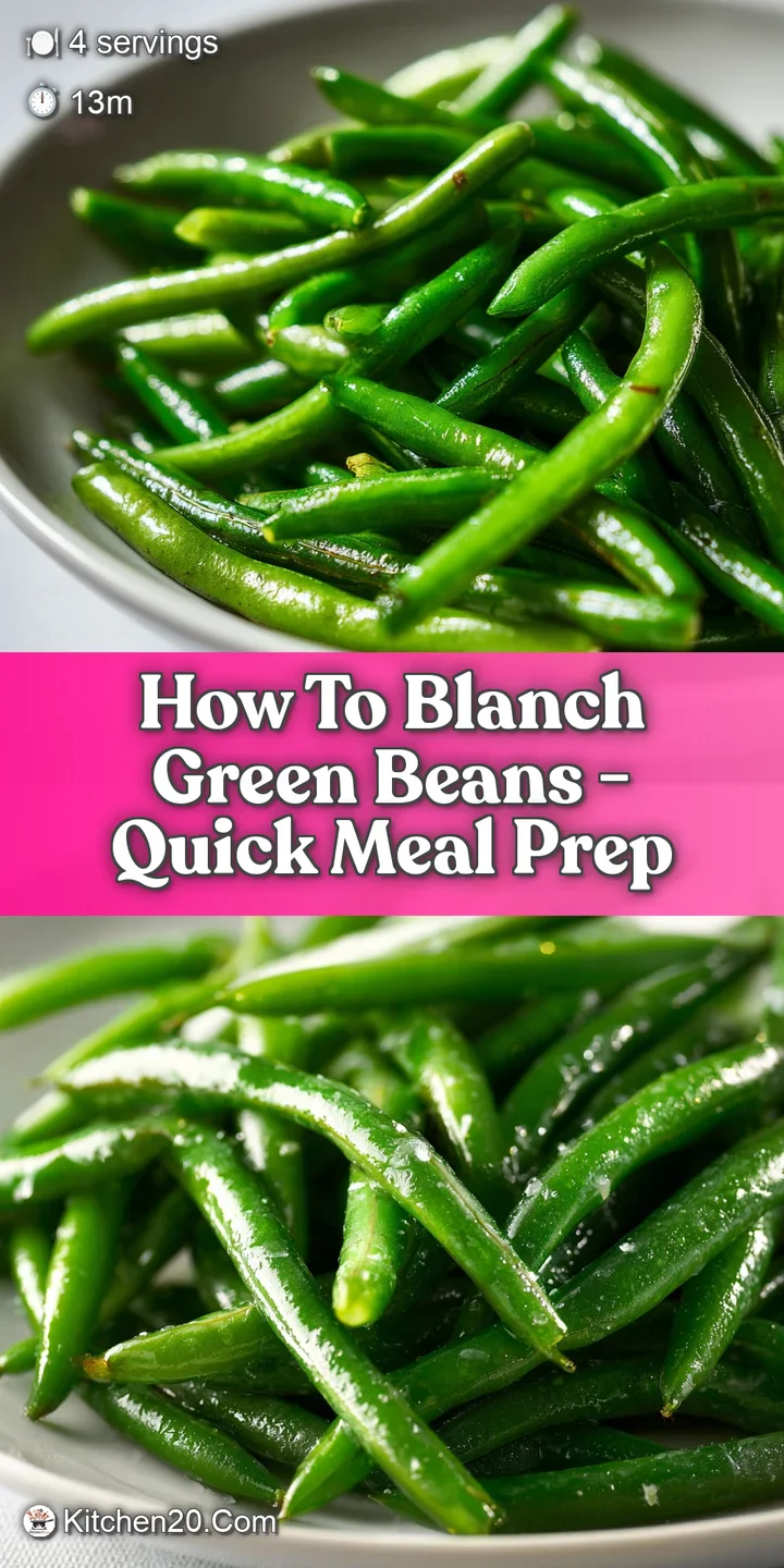 Close-up of blanched green beans, showcasing their crisp texture and vivid green color, speckled with glistening droplets.