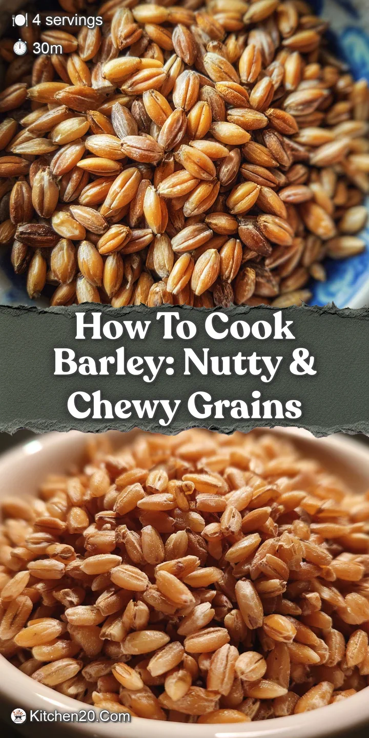 Close-up of cooked barley grains. The texture appears chewy and tender, each grain plump and slightly translucent, warm st...